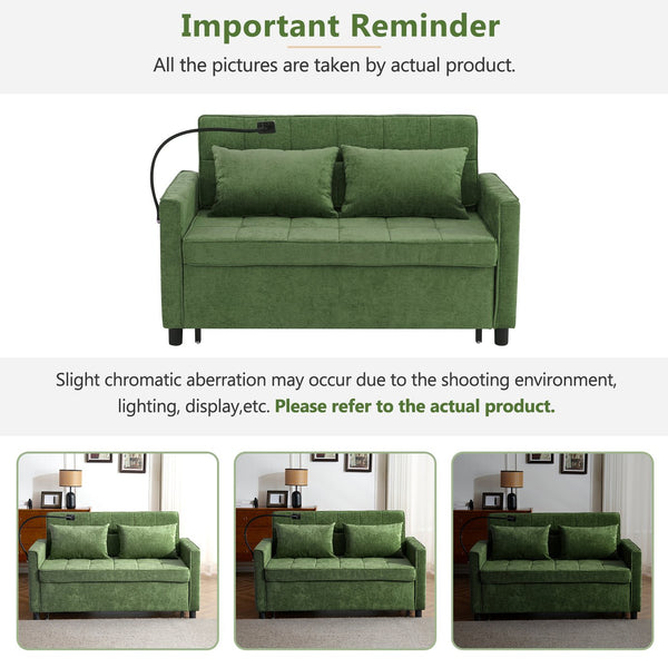 English Elm 56.9" Loveseat Sofa Bed with Chenille Upholstery, USB Ports, Phone Holder, Side Pockets, Reclining Backrest Green N719P208853F