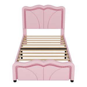 English Elm Twin Upholstered Platform Bed with Curved Headboard, Adjustable Heights, Sturdy Pine Frame, LED Accent Lights Pink WF323748AAH