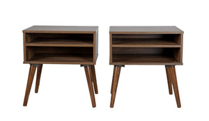 English Elm Queen Upholstered Bed Set with Stone Polyester Headboard and Walnut Nightstands B2699S00076