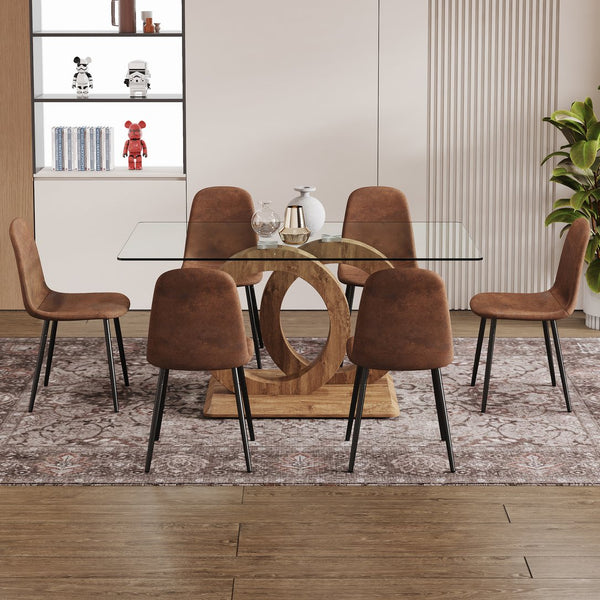 English Elm 1 Stylish Rectangular Dining Table With 6 Brown Chairs - Clear Glass Top & Modern Mdf Base Set W1151S04024