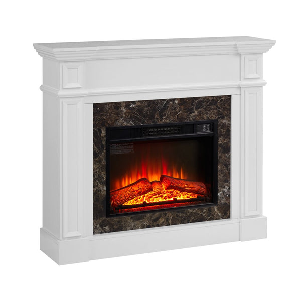 English Elm Electric Fireplace Mantel with Stacked Stone Surround Led Flame and Remote Heater White W2275S00047