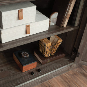 English Elm Credenza, Brown finish with adjustable shelves, concealed double-door storage, durable 1" top for display and workspace B356P367755