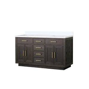 English Elm Brown Oak Double Bath Vanity 60" W X 22" D - Elegant White Quartz Top, Fully Assembled, Durable Design B2731P257732