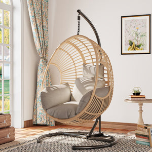 English Elm 42 Inch Hanging Egg Chair Woven Pe Rattan Patio Swing with Thick Cushion 400lb Natural W3979S00006