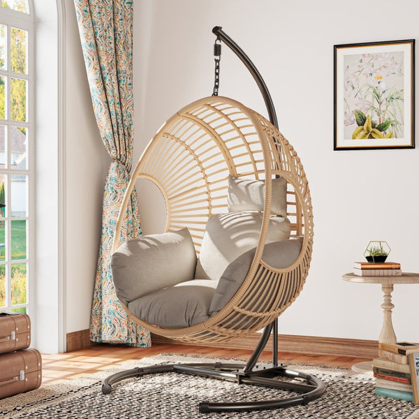 English Elm 42 Inch Hanging Egg Chair Woven Pe Rattan Patio Swing with Thick Cushion 400lb Natural W3979S00006