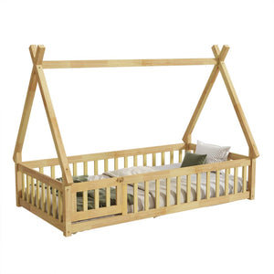 English Elm Twin Tent-Shaped Floor Bed With Guardrails, Playful Design, Natural Wood Finish, Safe & Cozy Space W504P345783-GIGA