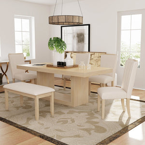 English Elm Topmax Extendable Acacia Wood Pedestal Dining Set with Bench and Upholstered Chairs N717S000054A