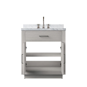 English Elm White Oak Single Bath Vanity With Carrara Marble Top, Chrome Gooseneck Faucet, And Soft-Close Drawers B2731P257663-GIGA