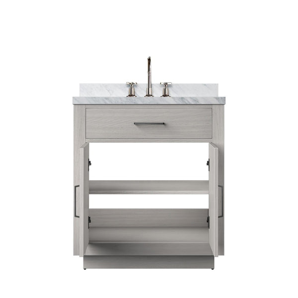 English Elm White Oak Single Bath Vanity With Carrara Marble Top, Chrome Gooseneck Faucet, And Soft-Close Drawers B2731P257663-GIGA