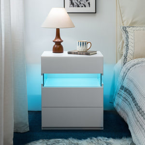 English Elm Led Nightstand with Rgb Acrylic Glow Panel Three Drawers Walnut Bedroom Table White W2178P412300
