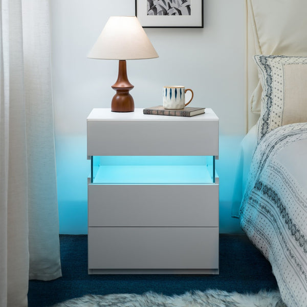 English Elm Led Nightstand with Rgb Acrylic Glow Panel Three Drawers Walnut Bedroom Table White W2178P412300