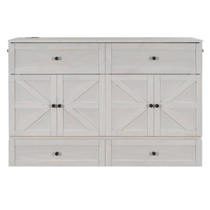 English Elm Queen Murphy Wall Bed with Usb Ports Storage Drawers and Cabinet Style Panel Front White N708S00006AAK