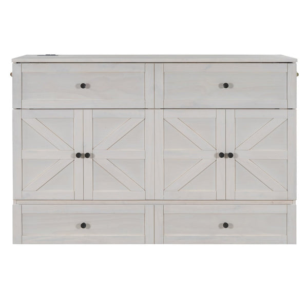 English Elm Queen Murphy Wall Bed with Usb Ports Storage Drawers and Cabinet Style Panel Front White N708S00006AAK