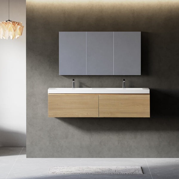 English Elm 60'' Floating Wall Mount Vanity Fluted Oak Double Basin Spa Bathroom Storage W1573S00074