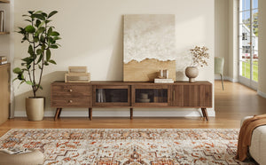 English Elm 76" Wood Grain Media Console with Glass Doors Deep Drawers and Living Room Storage N710P397467P