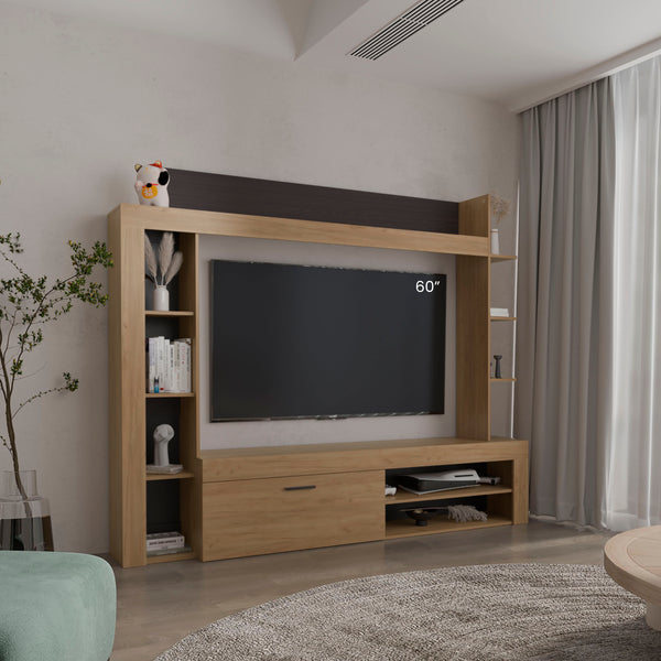 English Elm Cecil Walnut Entertainment Center TV Stand with Open Shelves, Storage Compartments, Durable Engineered Wood B200S00444