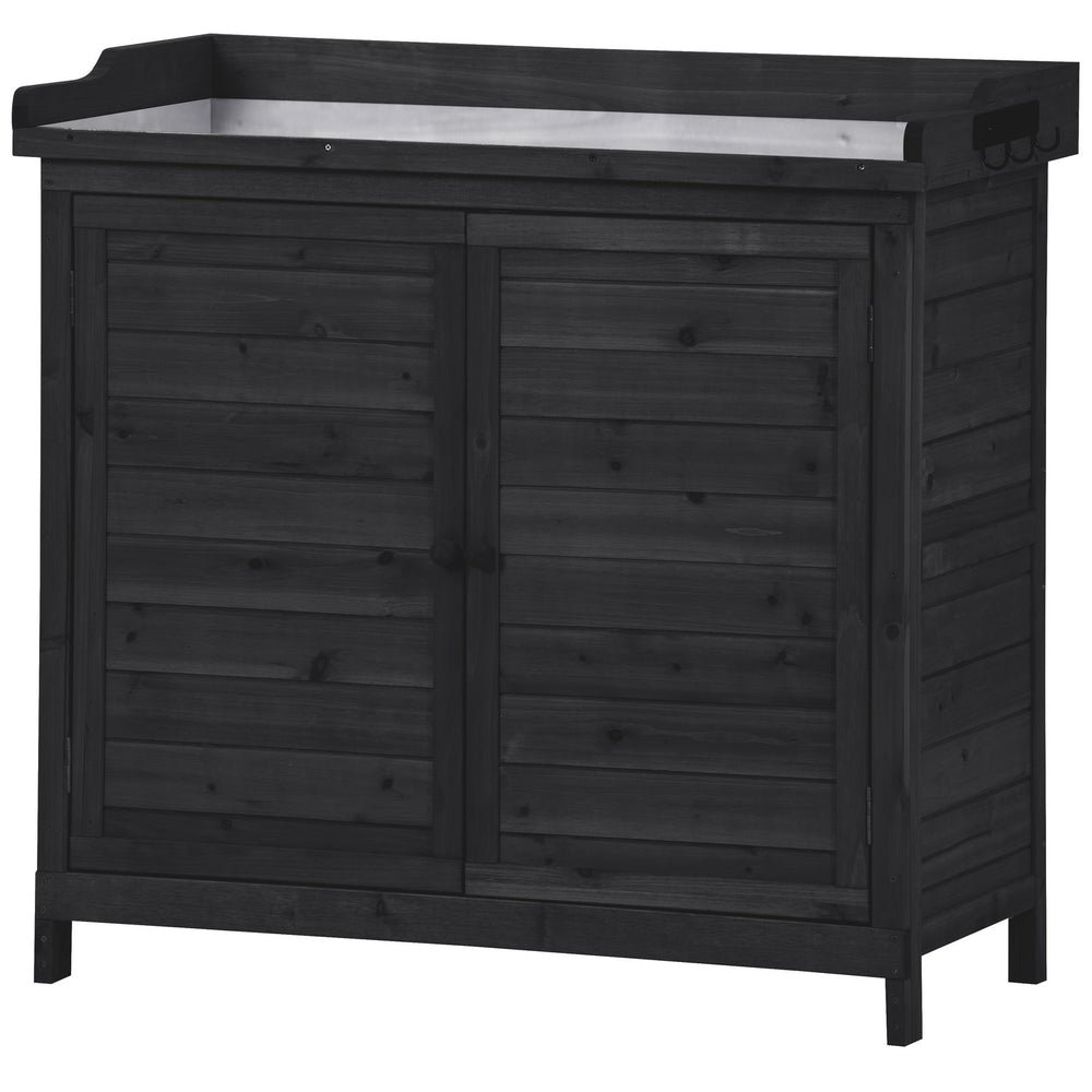 English Elm TOPMAX Rustic Fir Wood Potting Bench 39" with Galvanized Top, 2-Tier Shelves & Side Hooks, Black - Durable Garden Workstation N717P220218B