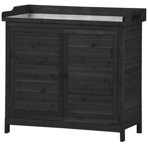 English Elm TOPMAX Rustic Fir Wood Potting Bench 39" with Galvanized Top, 2-Tier Shelves & Side Hooks, Black - Durable Garden Workstation N717P220218B