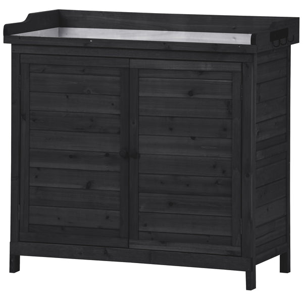English Elm TOPMAX Rustic Fir Wood Potting Bench 39" with Galvanized Top, 2-Tier Shelves & Side Hooks, Black - Durable Garden Workstation N717P220218B
