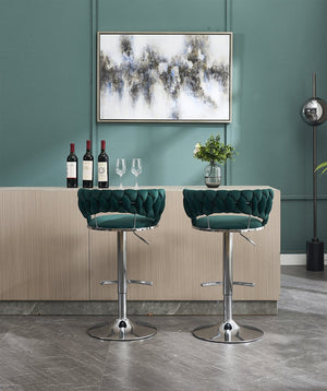 English Elm Set of 2 Velvet Bar Stools with Chrome Base Swivel Height Adjustment Plush Cushion Modern Comfort Green W1249P247739
