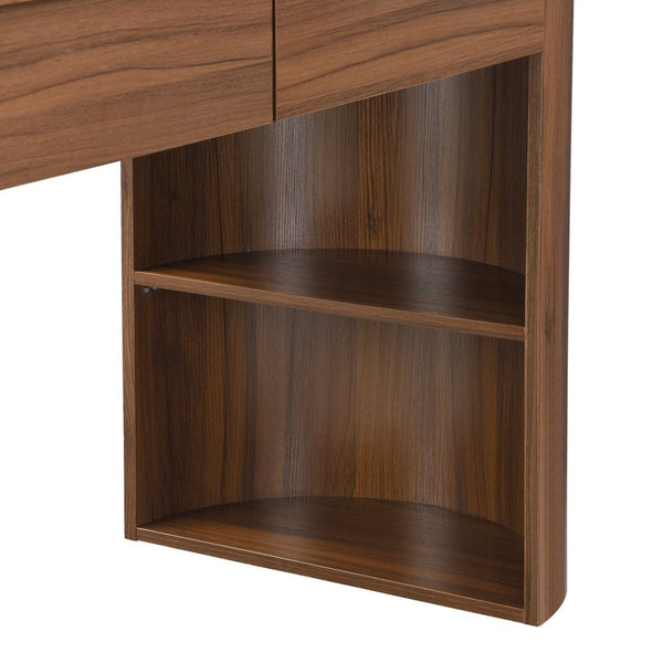 English Elm Storage Writing Desk with Curved Base Open Shelves and Drawers for Home Office Dark Walnut N757P306285D