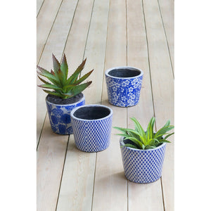 English Elm Set of 4 Terracotta Planters Distressed Blue White Glaze Antique Ceramic Style W2078P495142