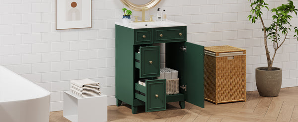 English Elm 24" Forest Green Bathroom Vanity Cabinet with Ceramic Sink, Soft-Close Door, 2 Drawers, Open-Back Access for Easy Plumbing and Durable Solid-Wood Frame N729P264336G