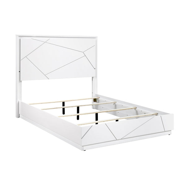 English Elm Glamorous White Lacquer California King Bed with Led Headboard and Geometric Accents B011S02214