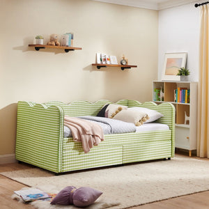 English Elm Twin Gingham Linen Daybed with Wave Silhouette Usb Port and Dual Storage Drawers Green W1413S00143