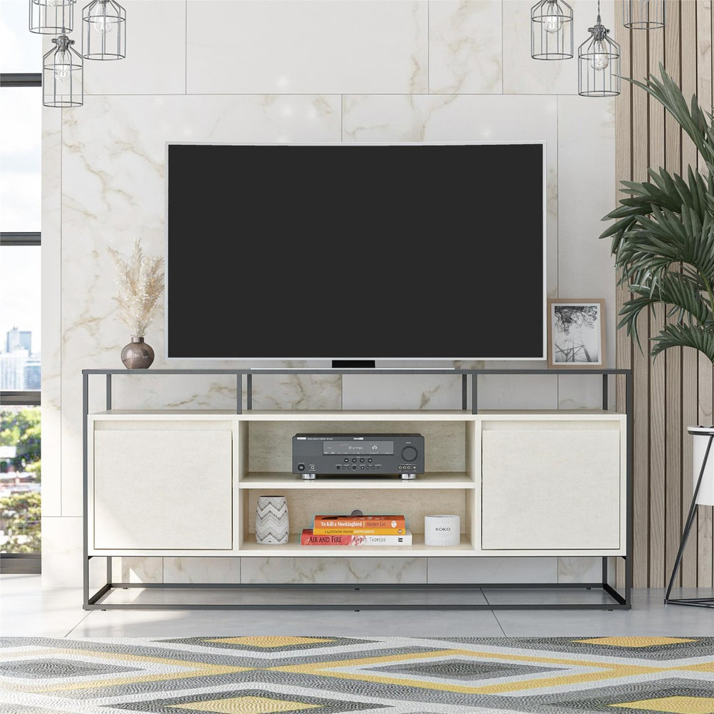 English Elm Camley Industrial Media Console with Fluted Glass Panels and Open Component Shelving B2733P444609