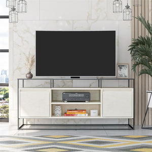 English Elm Camley Industrial Media Console with Fluted Glass Panels and Open Component Shelving B2733P444609