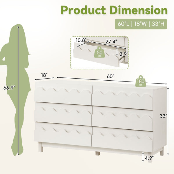 English Elm 60" Wave Front Six Drawer Dresser Sculptural Engineered Wood Media Console for Bedroom Ivory N739S0000011W
