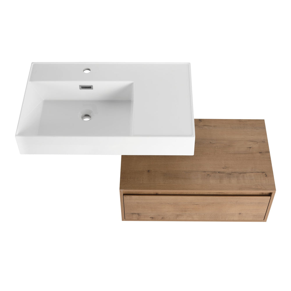 English Elm 30 Inch Wall-Mounted Bathroom Vanity With Resin Sink, Soft Close Drawer & Modern Oak Finish W999S00257