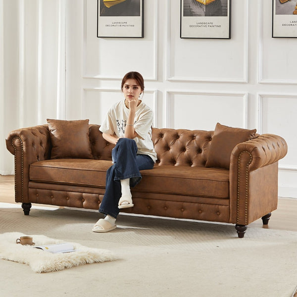 English Elm Fx Chesterfield Sofa Hand Tufted Tech Fabric Three Seat Living Room Couch Brown W1926S00107