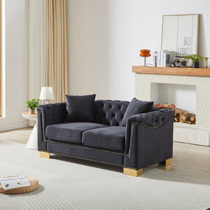English Elm {video] Chesterfield Two-seater Velvet Sofa with Nailhead Trim and Tufted Gold Leg Luxury Black+Blue W1926S00094