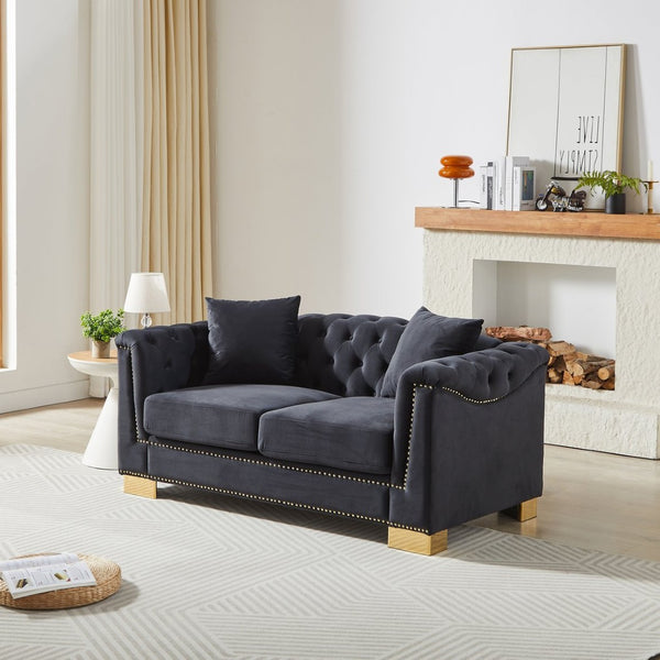 English Elm {video] Chesterfield Two-seater Velvet Sofa with Nailhead Trim and Tufted Gold Leg Luxury Black+Blue W1926S00094