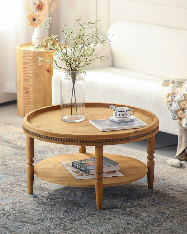 English Elm 31.3" Round Boho Coffee Table Walnut Brown – 2-Tier Rustic Solid Wood Accent Table with Beaded Trim W3306P318860