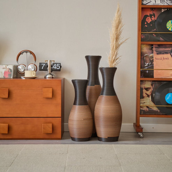 English Elm Set of 3 designer floor vases in Grey+Brown PVC, modern rattan-look tall decor for hallways & living rooms W2796P261496