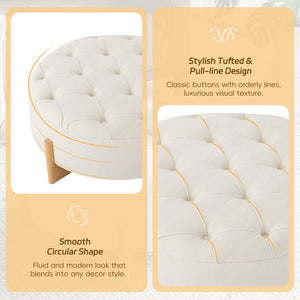English Elm 32" Round Chenille Ottoman Tufted Footrest with Rubberwood Legs for Living Room Beige N723P405298A