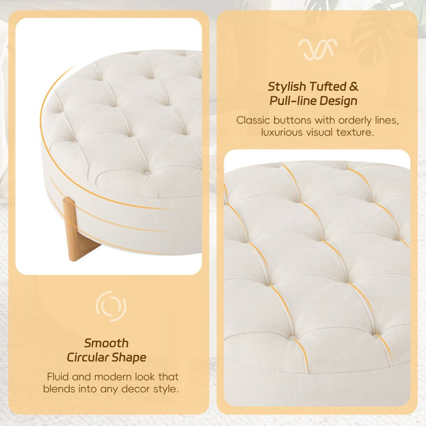 English Elm 32" Round Chenille Ottoman Tufted Footrest with Rubberwood Legs for Living Room Beige N723P405298A