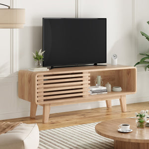 English Elm TV Stand Sleek Mid-Century Console with Sliding Door Storage and Open Shelves for Organized Living Room Natural T3623P379956