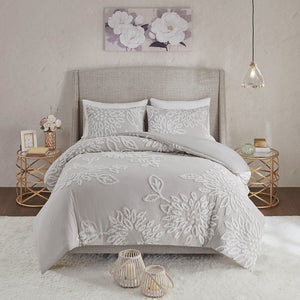 English Elm Full/Queen Veronica 3-Piece Tufted Cotton Chenille Floral Duvet Cover Set - Shabby Chic Grey Elegance B035129184