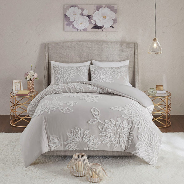 English Elm King/Cal Tufted Veronica 3-Piece Cotton Chenille Floral Duvet Cover Set - Shabby Chic Grey, Button Closure B035129183