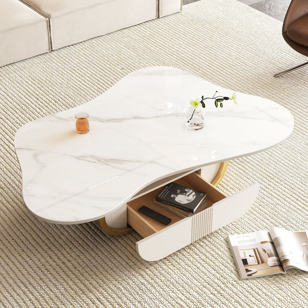 English Elm Modern Butterfly Coffee Table with Sintered Stone Top, Stainless Steel Base, Drawer & Shelf Storage Gold+White W3136S00018