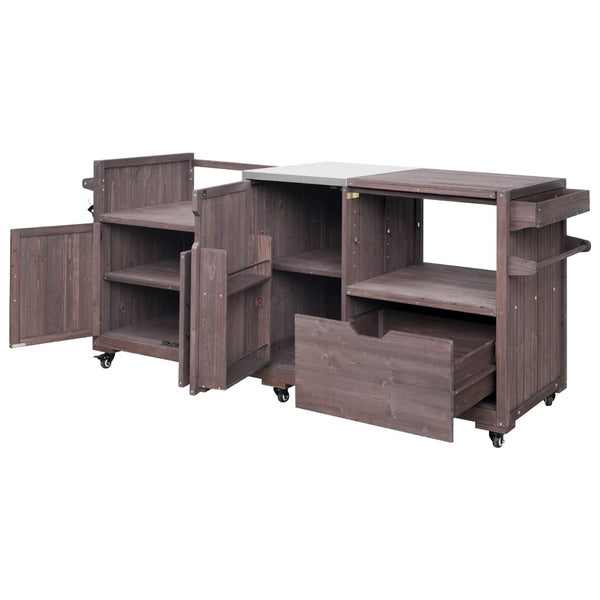 English Elm K&k 80.5 Inch Outdoor Kitchen Island Solid Fir Wood Stainless Steel Grill Cart Station Brown N707P392140Z
