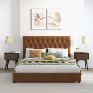 English Elm Ashcroft Furniture - Donald Mid Century Modern Cognac Velvet Platform Bed - Chic, Durable Design For Stylish Comfort B183S00086