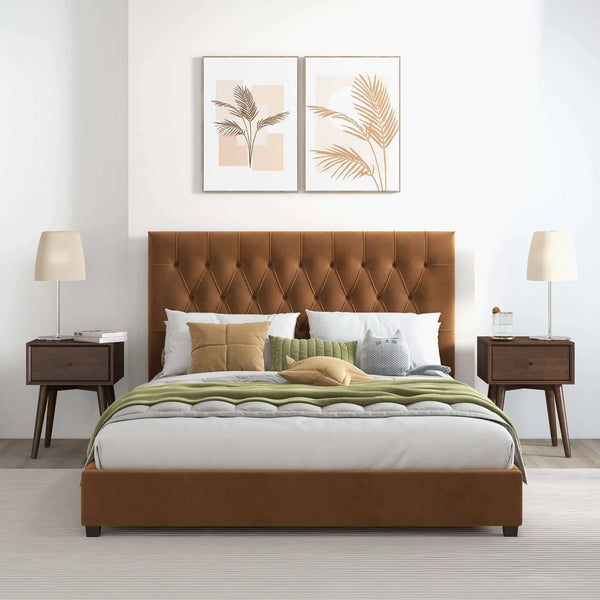 English Elm Ashcroft Furniture - Donald Mid Century Modern Cognac Velvet Platform Bed - Chic, Durable Design For Stylish Comfort B183S00086