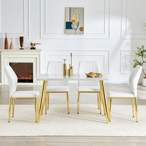 English Elm Table and Chair Set Marble Glass Top Gold Legs Modern Dining for Small Spaces W1151S04637