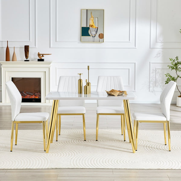 English Elm Table and Chair Set Marble Glass Top Gold Legs Modern Dining for Small Spaces W1151S04637