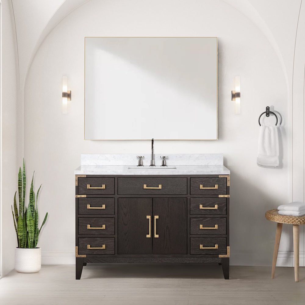 English Elm Brown Oak 48 in Single Bath Vanity with Polished Carrara Marble Top, Chrome Faucet & 46 in Mirror B2731S02014